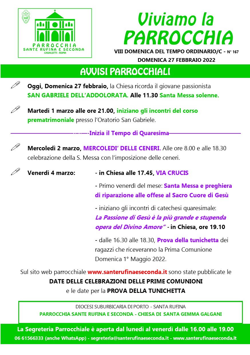 Avvisi Parrocchiali Domenica Febbraio Viii Domenica Del