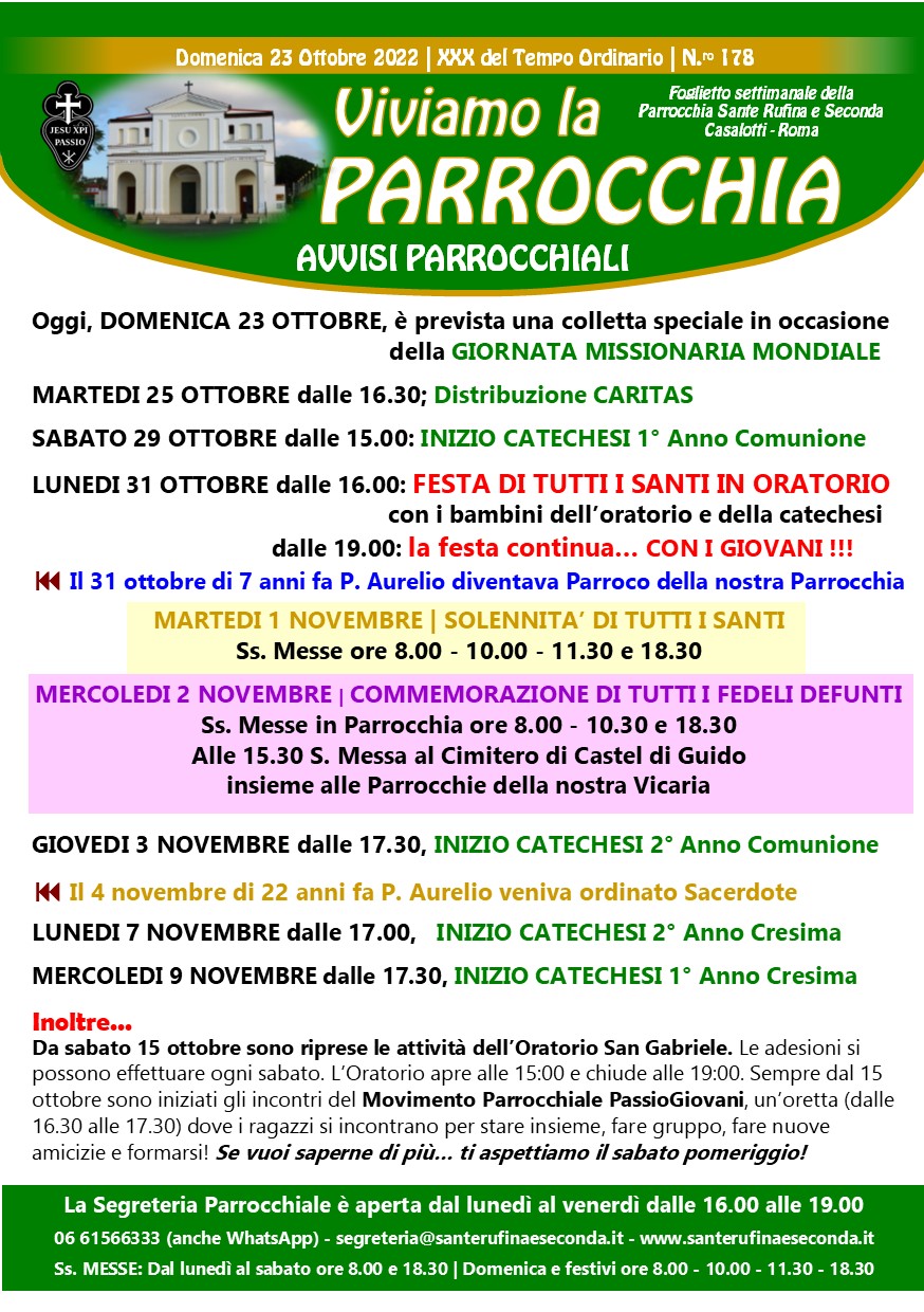 AVVISI PARROCCHIALI Domenica 23 Ottobre 2022 XXX Domenica Del Tempo